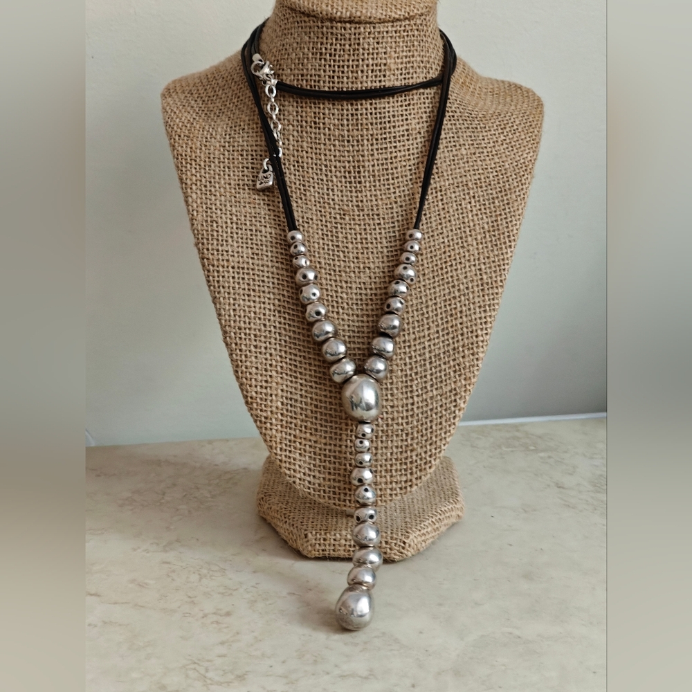 RARE Southwestern Style Uno De 50 Silver Pearls Ball Beads Leather Necklace